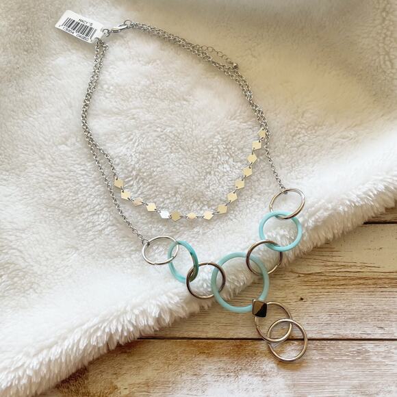 Macy’s Two Row Layered Y Necklace Silver Blue Linked Rings NWOT - Picture 1 of 9